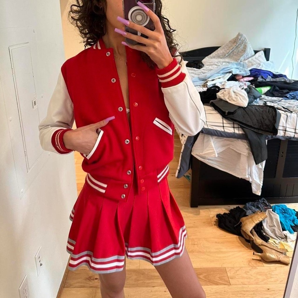 Women's Red and White Varsity Leather Jacket